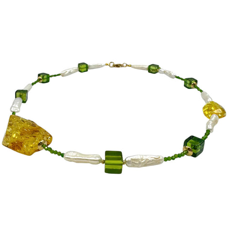 Lemon & Green Amber & Pearl Nugget Beads Necklace