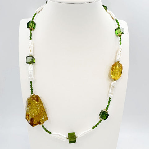 Lemon & Green Amber & Pearl Nugget Beads Necklace
