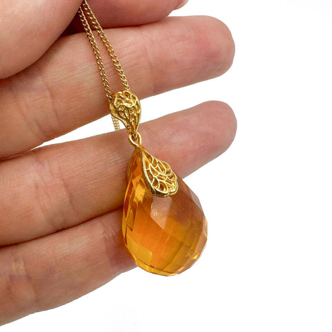 Lemon Amber Faceted Drop Pendant & Chain Necklace 14K Gold Plated
