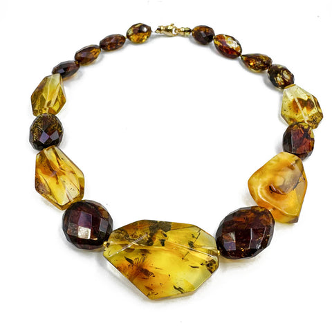 Multi-Color Amber Faceted Nugget Beads Necklace 14K Gold Plated