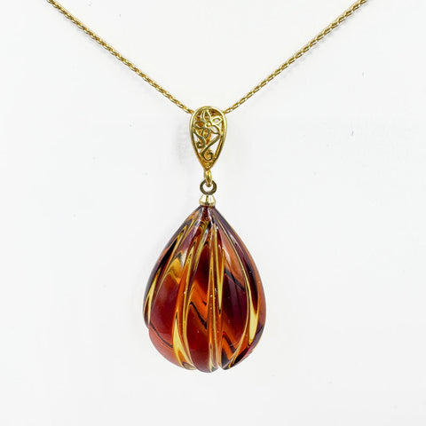 Carved Gradient Amber Drop Pendant & Chain Necklace 14K Gold Plated
