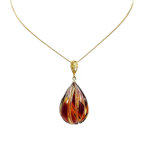 Carved Gradient Amber Drop Pendant & Chain Necklace 14K Gold Plated