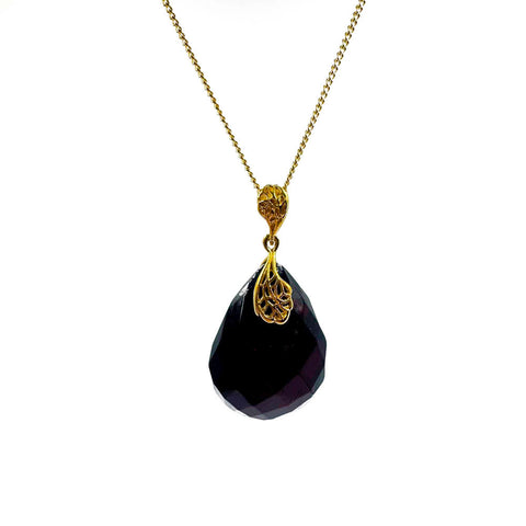 Cherry Amber Faceted Drop Pendant & Chain Necklace 14K Gold Plated