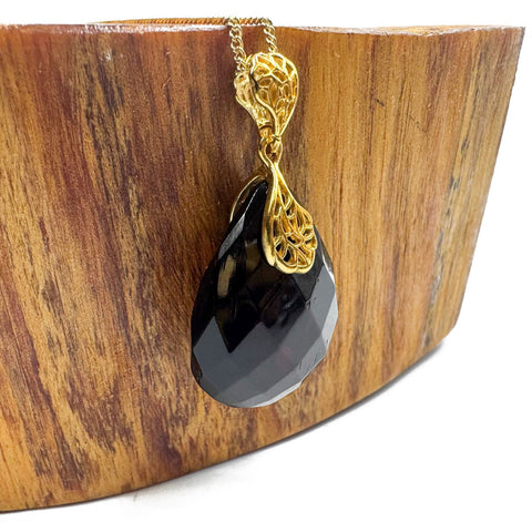Cherry Amber Faceted Drop Pendant & Chain Necklace 14K Gold Plated