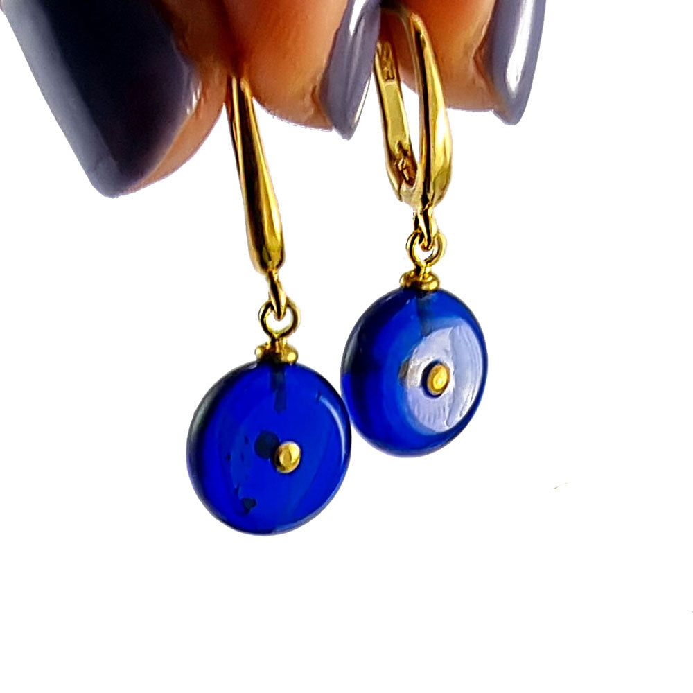 Blue Amber Charm Dangle Earrings 14k Gold Plated