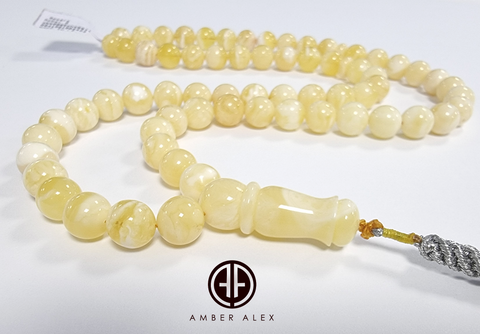 White With Yellow Amber Round Shape 8.5 mm Islamic Prayer Beads