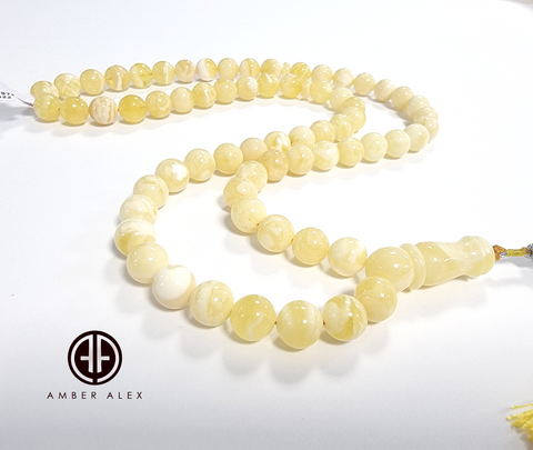 White With Yellow Amber Round Shape 8.5 mm Islamic Prayer Beads