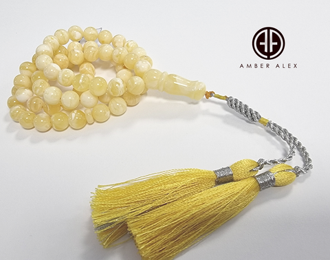 White With Yellow Amber Round Shape 8.5 mm Islamic Prayer Beads