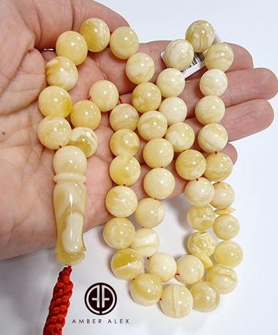 White With Yellow Amber Round Shape 11.5 mm Islamic Rosary Beads