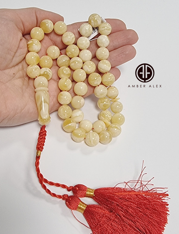 White With Yellow Amber Round Shape 11.5 mm Islamic Rosary Beads