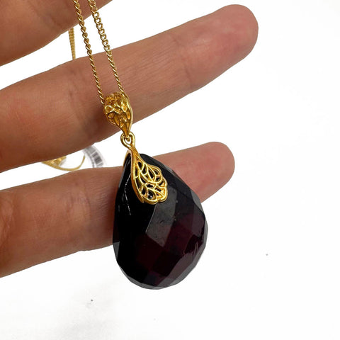 Cherry Amber Faceted Drop Pendant & Chain Necklace 14K Gold Plated