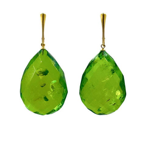 Green Amber Faceted Drop Dangle Earrings 14k Gold Plated