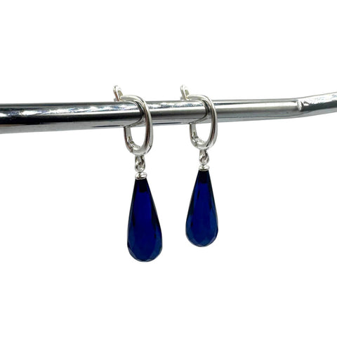 Blue Amber Faceted Teardrop Dangle Earrings Sterling Silver