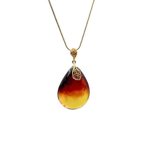 Rainbow Amber Drop Pendant & Chain Necklace 14K Gold Plated