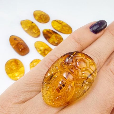 Cognac Amber Carved Bee On Honeycomb Cognac Cabochon