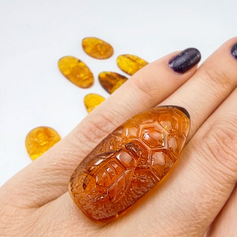 Cognac Amber Carved Bee On Honeycomb Cognac Cabochon