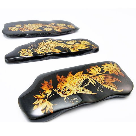 Cherry Amber Engraved Koi Fish Free Shape Slab