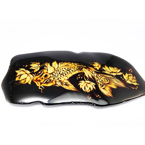 Cherry Amber Engraved Koi Fish Free Shape Slab