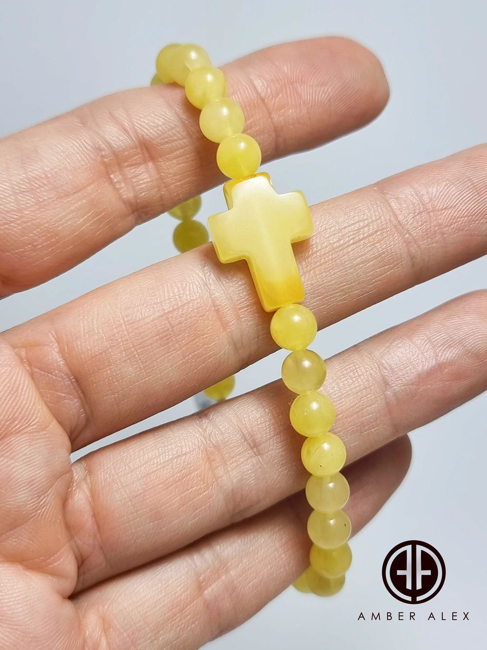 Milky Amber Round Beads With Cross Stretch Bracelet