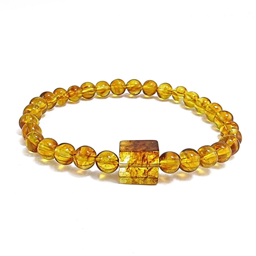 Cognac Amber Round Beads With Square Stretch Bracelet