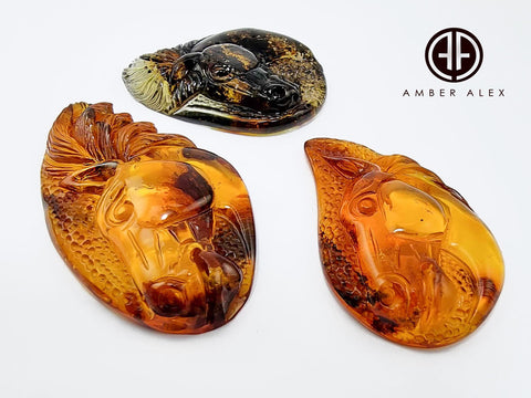 Fossil Amber Carved Horses Cabochons