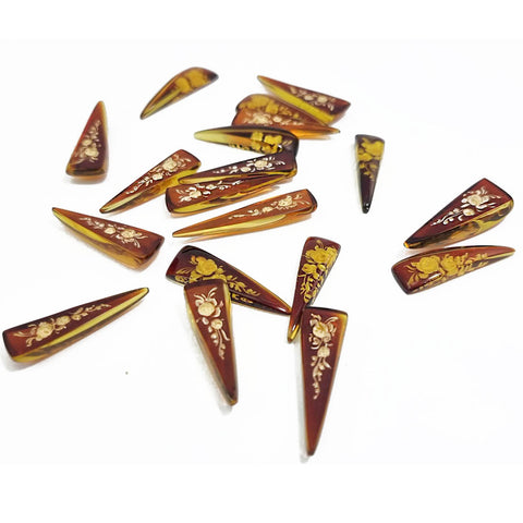 Cognac Amber Engraved Roses Triangle Shape Cabochon