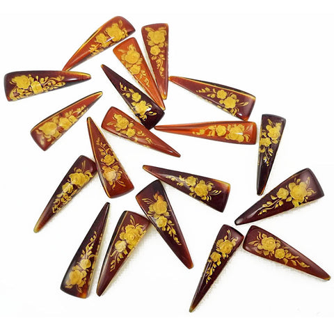 Cognac Amber Engraved Roses Triangle Shape Cabochon