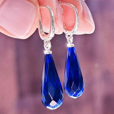 Blue Amber Faceted Teardrop Dangle Earrings Sterling Silver