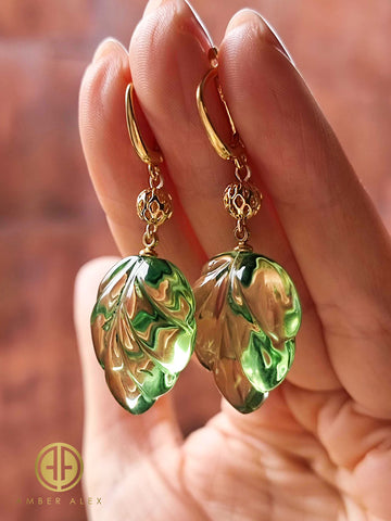 Green Amber Leaf Dangle Earrings