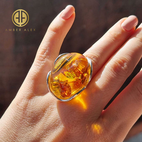 Cognac Amber Free Shape Adjustable Ring Sterling Silver