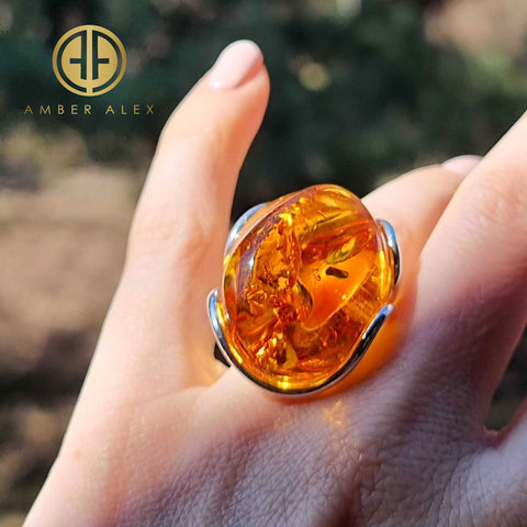 Cognac Amber Free Shape Adjustable Ring Sterling Silver