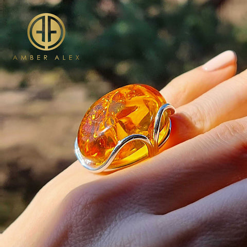 Cognac Amber Free Shape Adjustable Ring Sterling Silver