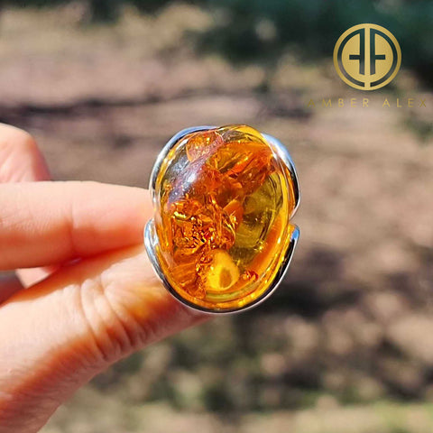 Cognac Amber Free Shape Adjustable Ring Sterling Silver