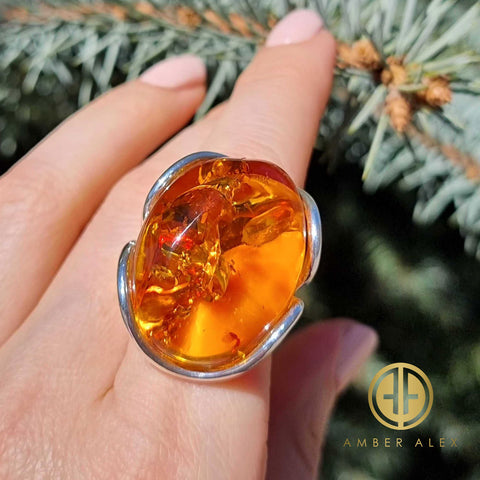 Cognac Amber Free Shape Adjustable Ring Sterling Silver