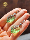 Green Amber Leaf Dangle Earrings