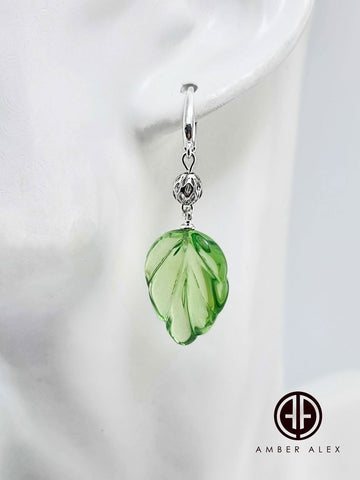 Green Amber Leaf Dangle Earrings