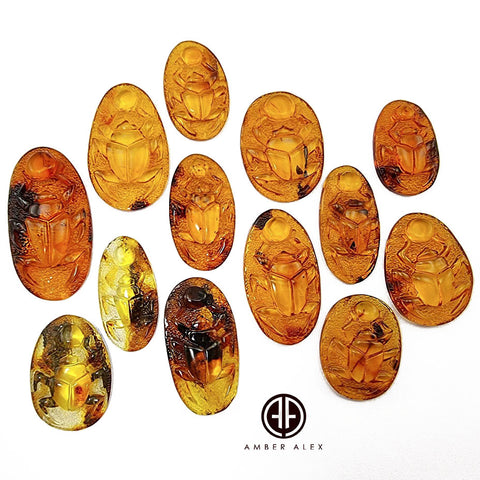 Cognac Amber Carved Scarab Cabochons