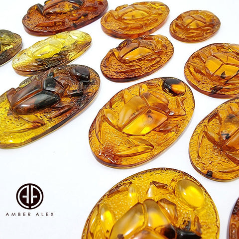 Cognac Amber Carved Scarab Cabochons