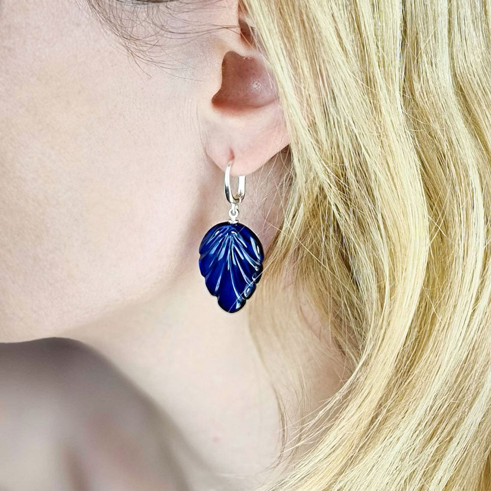 Blue Amber Leaf Dangle Earrings