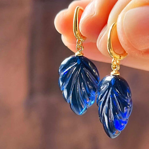 Blue Amber Leaf Dangle Earrings