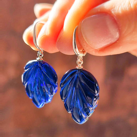 Blue Amber Leaf Dangle Earrings