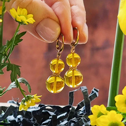 Lemon Amber Round Dangle Earrings 14K Gold Plated