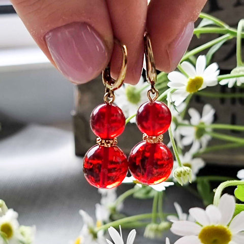 Red Amber Round Dangle Earrings 14K Gold Plated