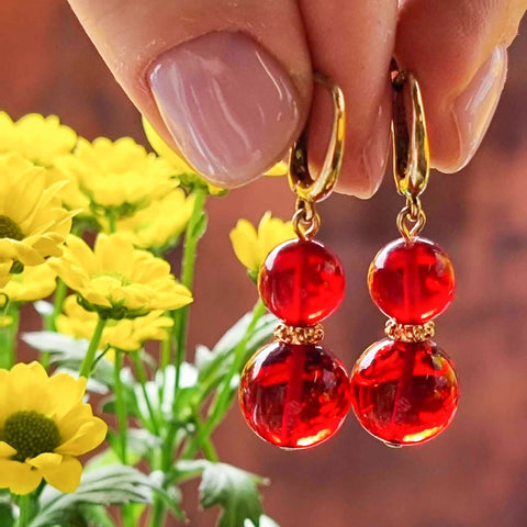 Red Amber Round Dangle Earrings 14K Gold Plated