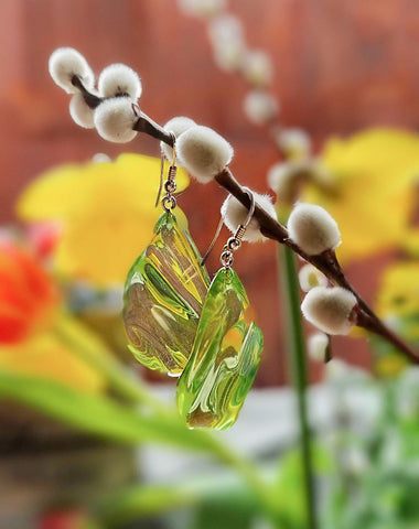 Green Amber Wave Dangle Earrings Sterling Silver