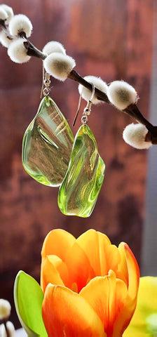 Green Amber Wave Dangle Earrings Sterling Silver