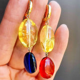 Multi-Color Amber Nugget Dangle Earrings 14k Gold Plated