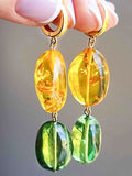 Multi-Color Amber Nugget Dangle Earrings 14k Gold Plated