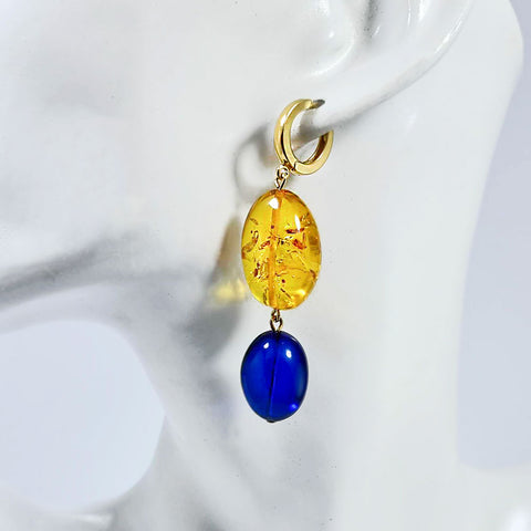 Multi- Amber Nugget Dangle Earrings 14k Gold Plated