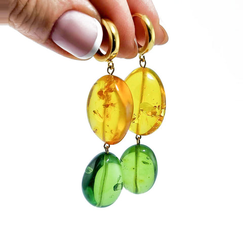 Multi-Color Amber Nugget Dangle Earrings 14k Gold Plated